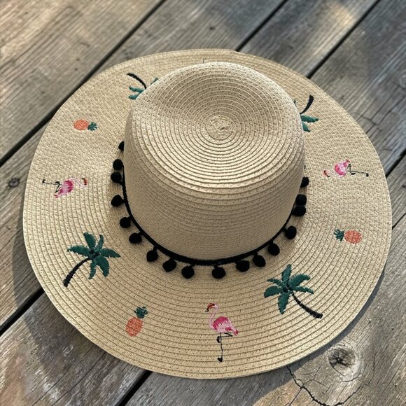 Betsey Johnson Flamingo Woven Floppy Sun Hat NWT Coastal Beachy Resort Tropical main image 13